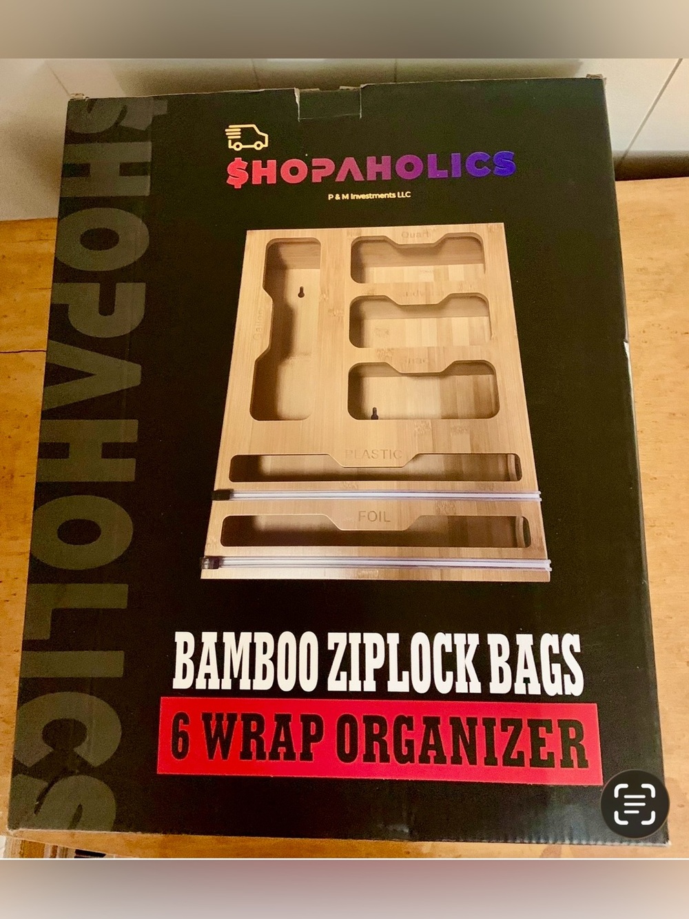 Bamboo Ziplock Bag Storage Organizer for Kitchen Drawer W/Plastic Wrap Dispenser